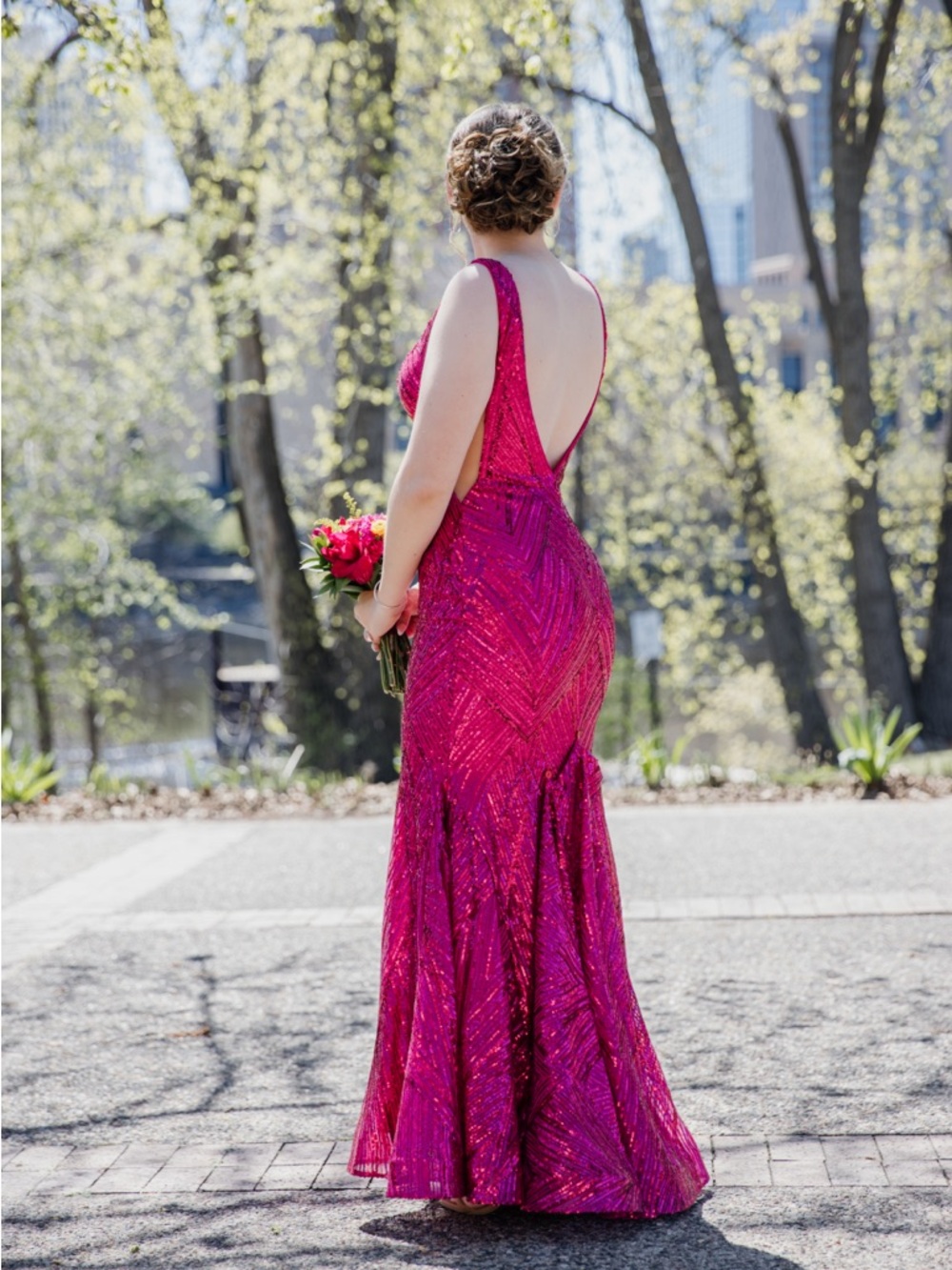 Fuchsia Sequin Deep-V Back Prom Gown